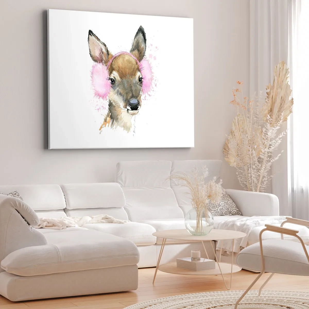 Bild auf Leinwand - Leinwandbild - Aquarell Hirsch in rosa Ohrenschützern - 70x50cm - Und der Frost ist nicht mehr schrecklich - Moderne Wanddekoration für Wohnzimmer und Schlafzimmer ARTTOR
