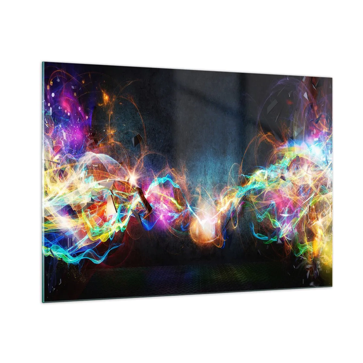 Glasbild - Bild auf glas - Abstrakte Lichter und farbenfrohe Energie im futuristischen Stil - 100x70cm - Freudig gegen die Dunkelheit - Moderne Wanddekoration für Wohnzimmer und Schlafzimmer ARTTOR