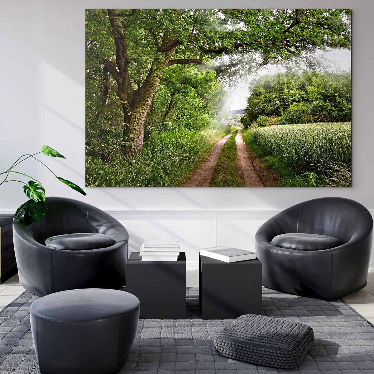 Glasbild - Bild auf glas - Ein Waldweg, umgeben von Grün in den Strahlen der Sonne - 70x50cm - Et in Arcadia ego - Moderne Wanddekoration für Wohnzimmer und Schlafzimmer ARTTOR