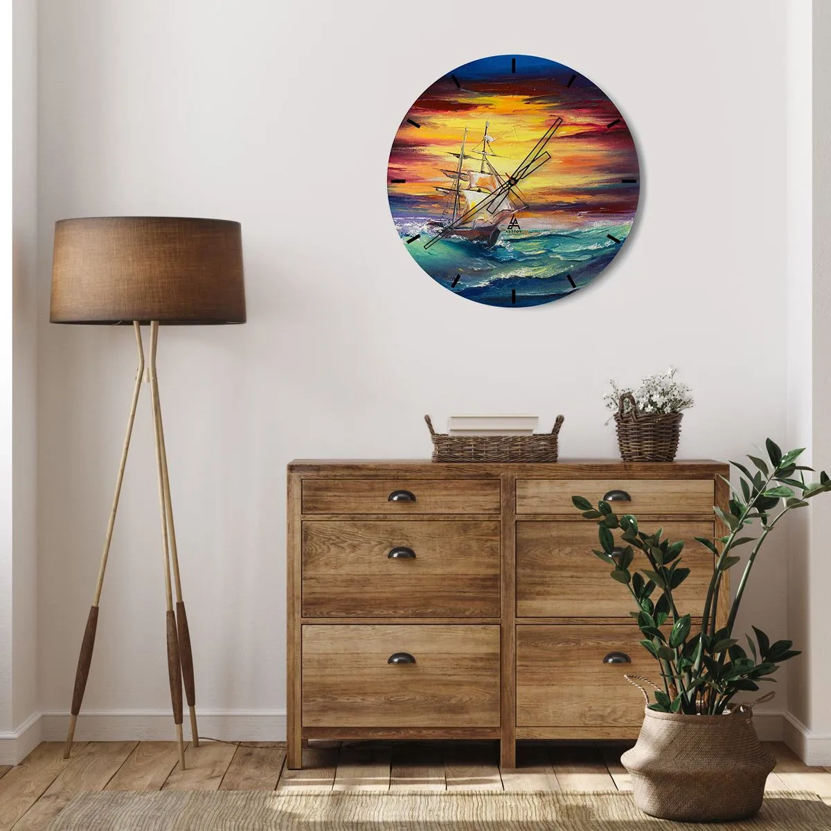 Wanduhr - Glasuhr - Ein Segelschiff in stürmischer See bei Sonnenuntergang - 30x30cm - Tapfer unter den Wellen - Moderne Wanddekoration für Wohnzimmer, Küche und Schlafzimmer ARTTOR