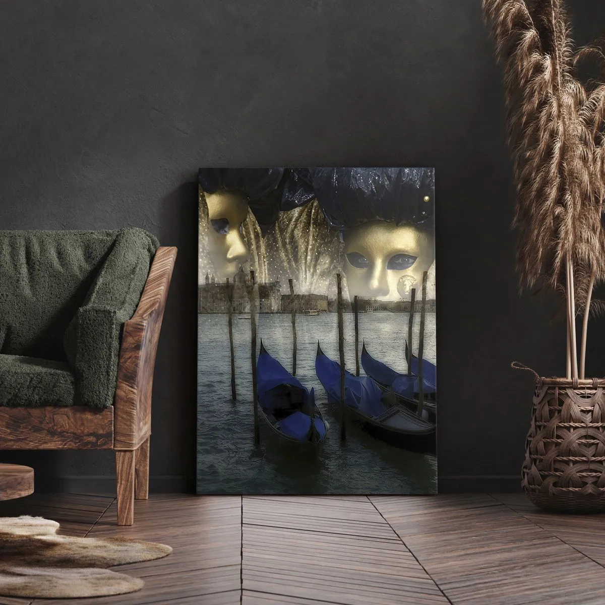 Bild auf Leinwand - Leinwandbild - Venezianische Karnevalsmasken und Gondeln vor der Kulisse der Stadt und des Wassers - 70x100cm - Es ist Zeit, den Karneval zu starten - Moderne Wanddekoration für Wohnzimmer und Schlafzimmer ARTTOR