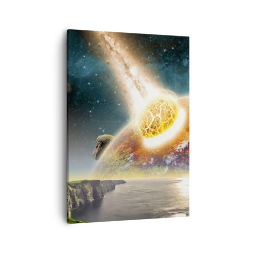 Bild auf Leinwand - Leinwandbild - Ein Meteorit kollidiert mit einem Planeten in einer kosmischen Landschaft. - 50x70cm - Kosmisches Drama - Moderne Wanddekoration für Wohnzimmer und Schlafzimmer ARTTOR