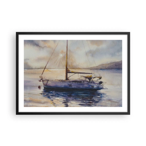 Poster in einem schwarzem Rahmen - Eine Yacht auf ruhigem Meer bei Sonnenuntergang - 70x50cm - Abend in der Bucht - Moderne Wanddekoration für Wohnzimmer und Schlafzimmer ARTTOR