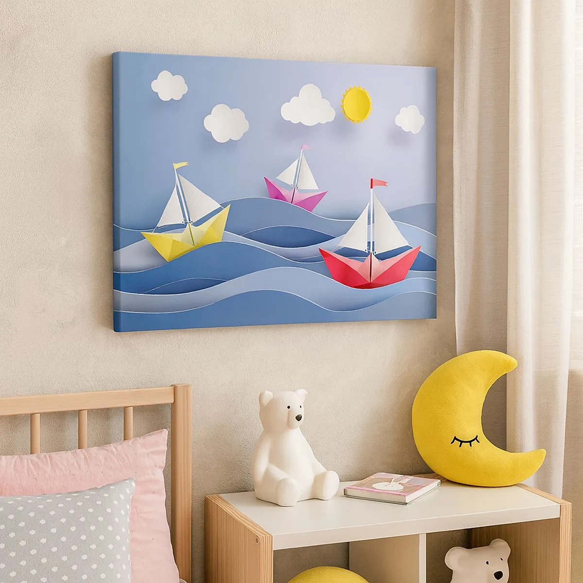 Bild auf Leinwand - Leinwandbild - Bunte Segelboote auf den Wellen an einem sonnigen Tag - 70x50cm - Ach, wie schön ist es, in den Wellen zu schwingen - Moderne Wanddekoration für Wohnzimmer und Schlafzimmer ARTTOR