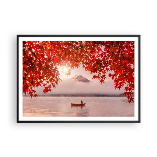 Poster in einem schwarzem Rahmen - Ein Boot auf einem See, umgeben von roten Ahornblättern - 100x70cm - Im japanischen Klima - Moderne Wanddekoration für Wohnzimmer und Schlafzimmer ARTTOR