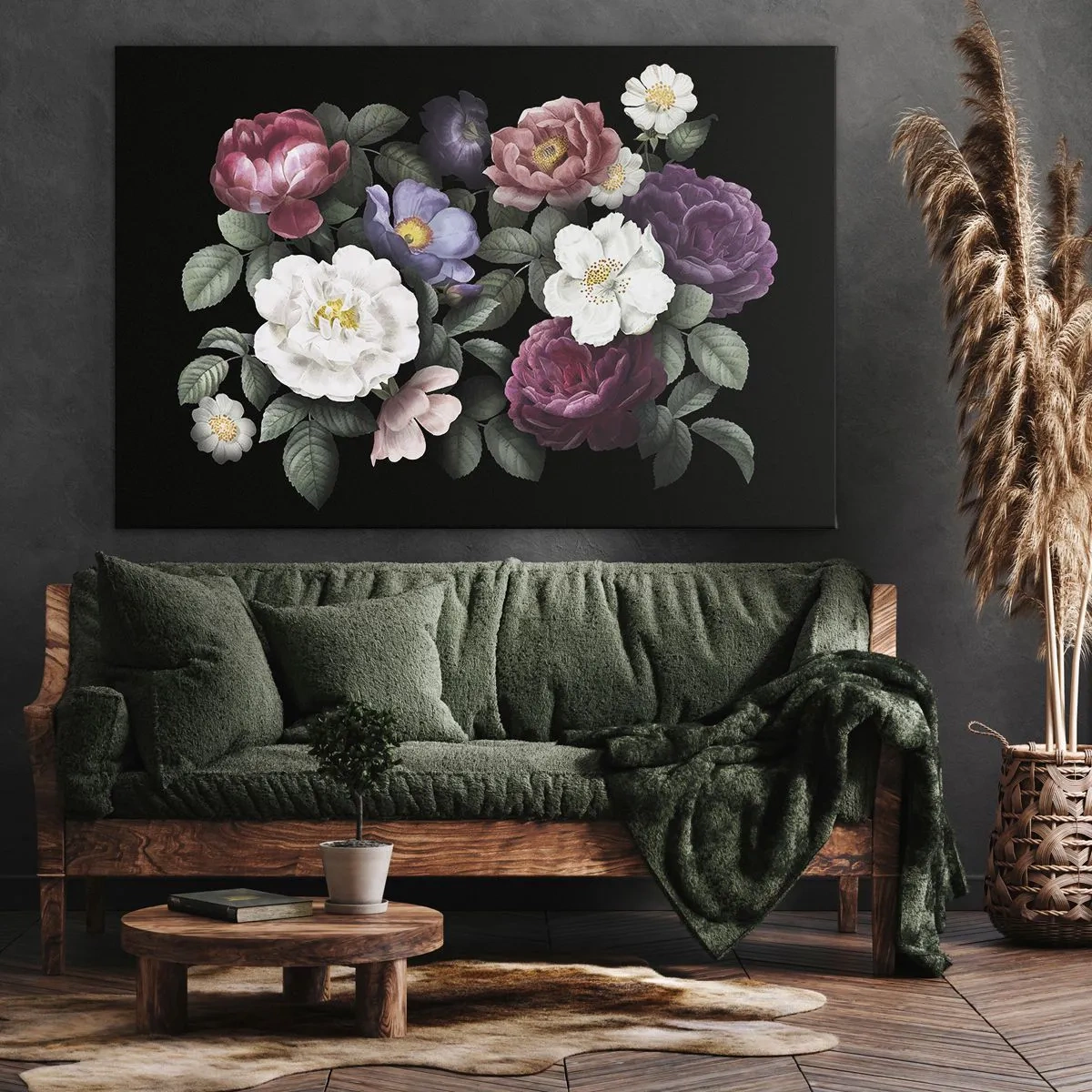 Bild auf Leinwand - Leinwandbild - Blumen in verschiedenen Farben auf schwarzem Hintergrund - 100x70cm - Aus dem Englischen Garten - Moderne Wanddekoration für Wohnzimmer und Schlafzimmer ARTTOR