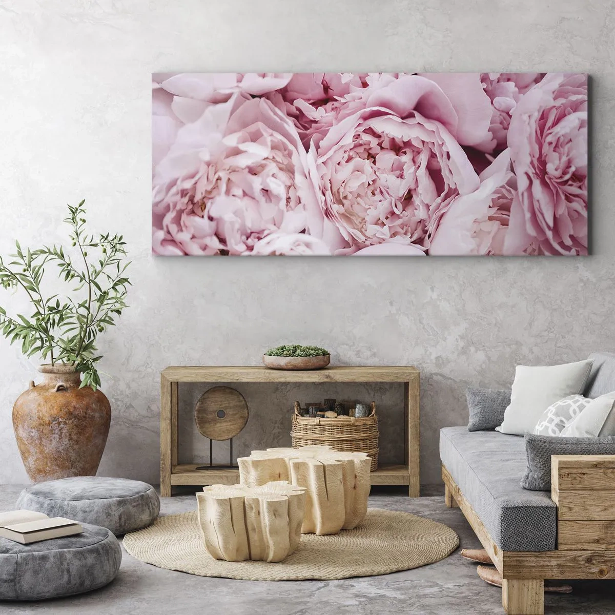 Bild auf Leinwand - Leinwandbild - Eine Nahaufnahme eines Straußes rosa Pfingstrosen - 140x50cm - Anschmiegsam und duftend - Moderne Wanddekoration für Wohnzimmer und Schlafzimmer ARTTOR