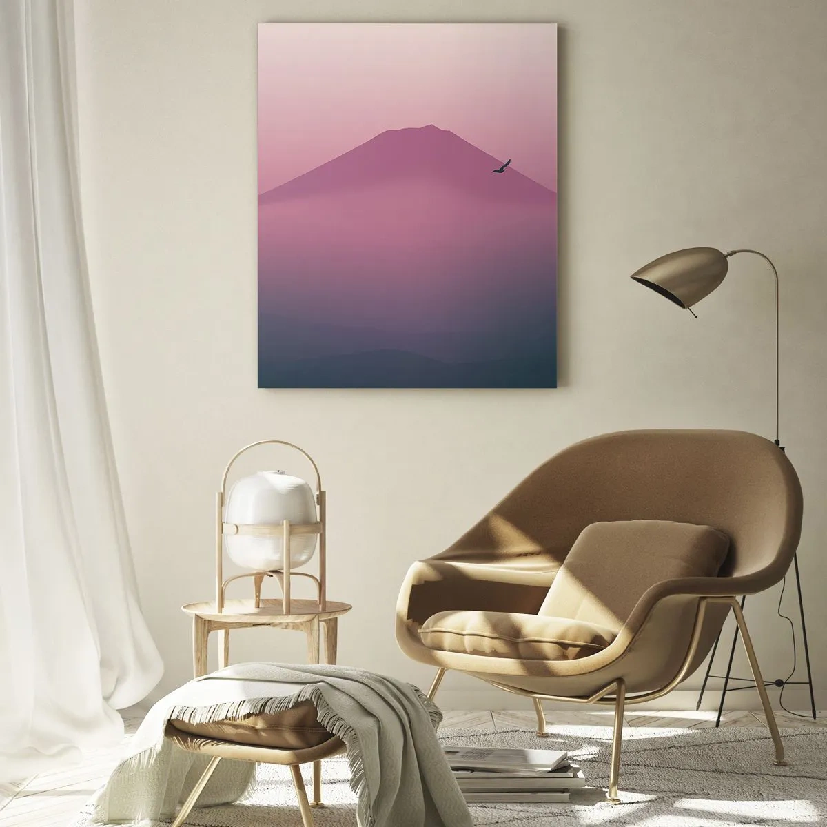 Glasbild - Bild auf glas - Eine minimalistische Landschaft mit einem Berg und Vögeln bei Sonnenaufgang - 80x120cm - Wanderer über den Wolken - Moderne Wanddekoration für Wohnzimmer und Schlafzimmer ARTTOR