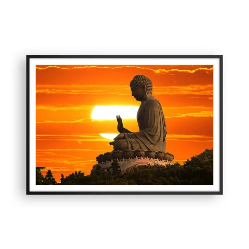 Poster in einem schwarzem Rahmen - Eine buddhistische Statue vor dem Hintergrund eines orangefarbenen Sonnenuntergangs - 100x70cm - Keine Angst vor der Welt - Moderne Wanddekoration für Wohnzimmer und Schlafzimmer ARTTOR
