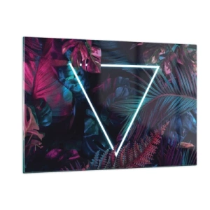 Glasbild - Bild auf glas - Ein Neondreieck, umgeben von tropischen Pflanzen in Rosa- und Blautönen. - 120x80cm - Garten im Disco-Stil - Moderne Wanddekoration für Wohnzimmer und Schlafzimmer ARTTOR