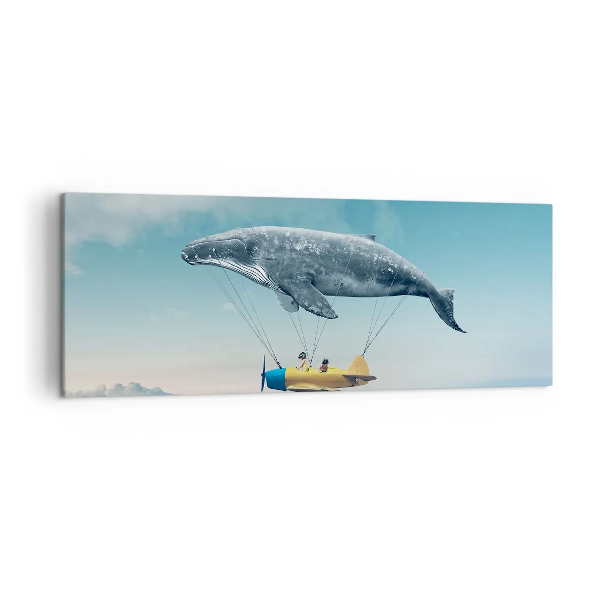 Bild auf Leinwand - Leinwandbild - Ein fliegender Wal trägt ein Flugzeug in einer surrealen Umgebung. - 140x50cm - Warum nicht? - Moderne Wanddekoration für Wohnzimmer und Schlafzimmer ARTTOR