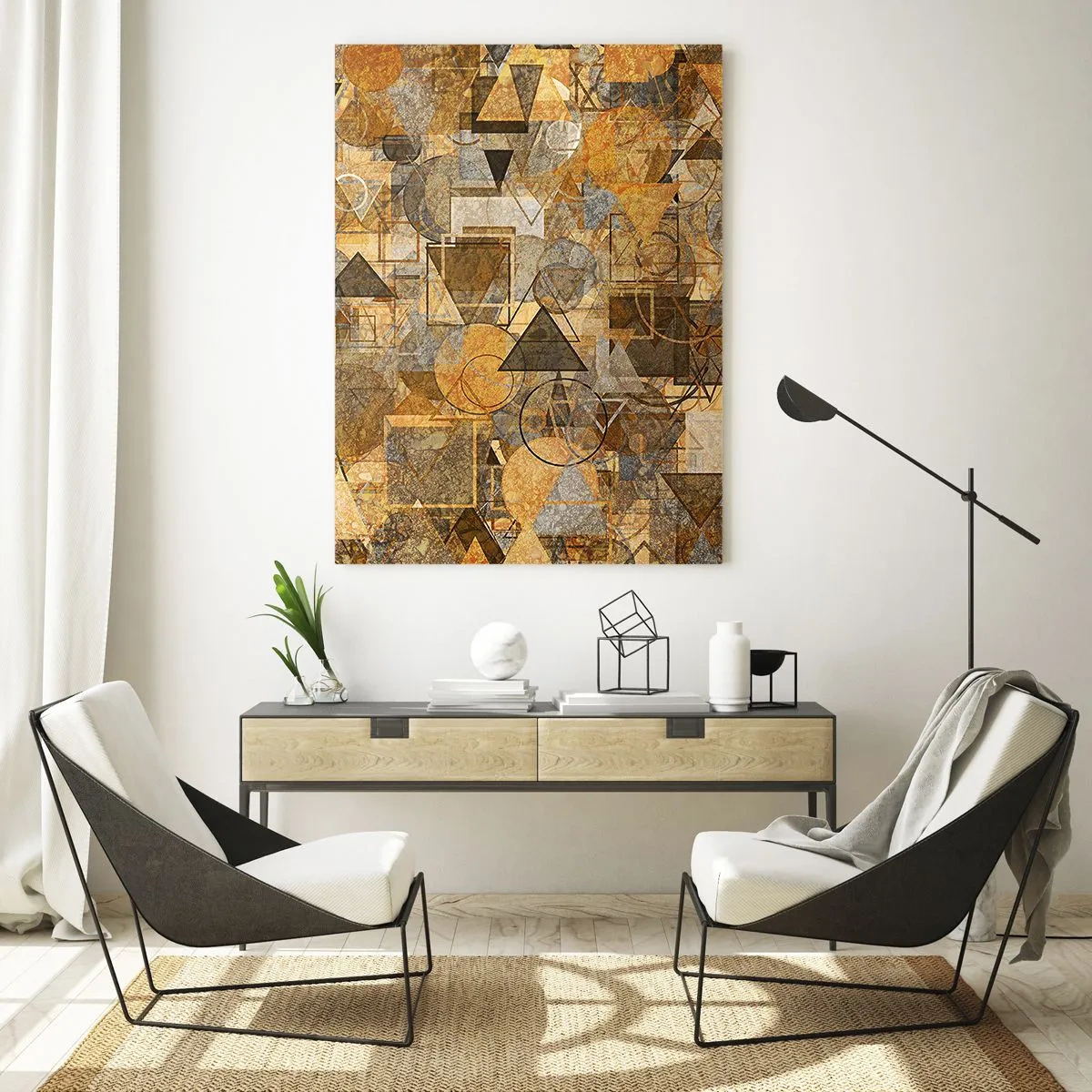 Glasbild - Bild auf glas - Abstrakte geometrische Muster in Goldtönen - 70x100cm - Die Welt in Form - Moderne Wanddekoration für Wohnzimmer und Schlafzimmer ARTTOR