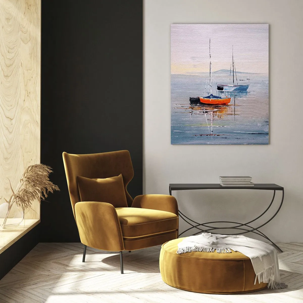 Glasbild - Bild auf glas - Bunte Boote treiben bei Sonnenuntergang auf dem ruhigen Wasser - 50x70cm - Wohlverdiente Ruhe - Moderne Wanddekoration für Wohnzimmer und Schlafzimmer ARTTOR