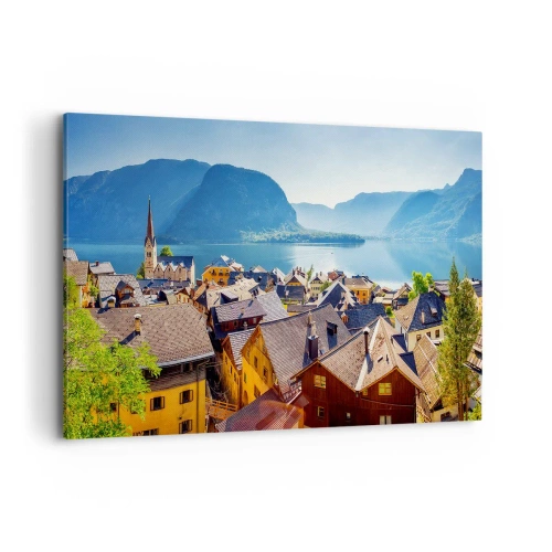 Bild auf Leinwand - Leinwandbild - Ein malerisches Dorf an einem See, umgeben von Bergen an einem sonnigen Tag - 120x80cm - Es könnte nicht malerischer sein - Moderne Wanddekoration für Wohnzimmer und Schlafzimmer ARTTOR