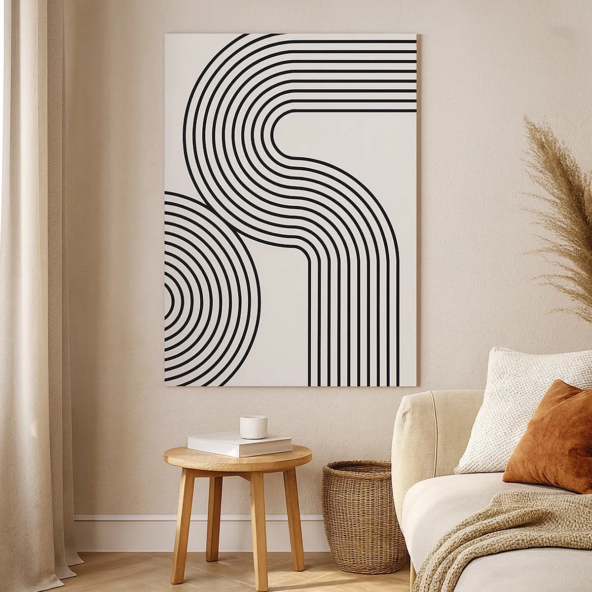 Bild auf Leinwand - Leinwandbild - Ein abstraktes Gemälde mit schwarzen Linien, die geometrische Muster auf weißem Hintergrund erzeugen. - 50x70cm - An der Kurve - Moderne Wanddekoration für Wohnzimmer und Schlafzimmer ARTTOR