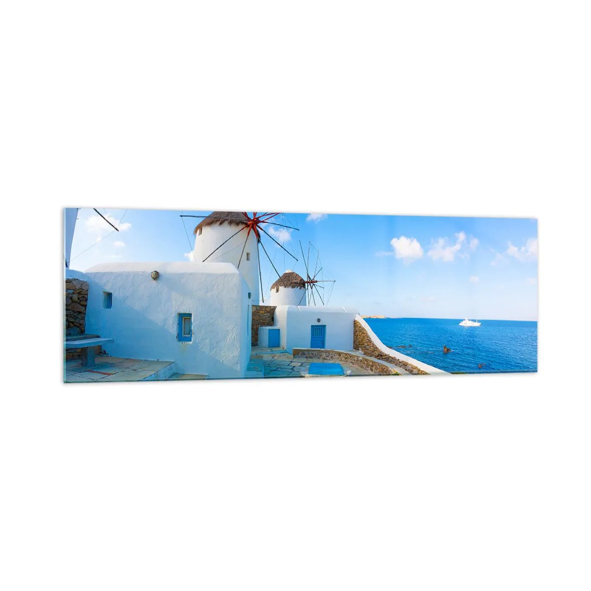 Glasbild - Bild auf glas - Weiße Windmühlen an den Ufern des blauen Meeres - 160x50cm - Der blaue Wind vom Meer - Moderne Wanddekoration für Wohnzimmer und Schlafzimmer ARTTOR