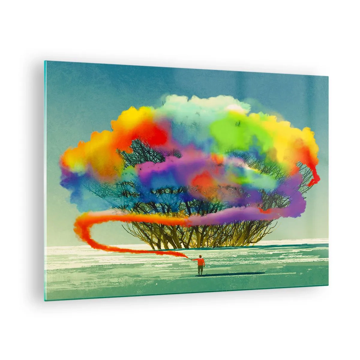 Glasbild - Bild auf glas - Eine bunte Rauchexplosion vor dem Hintergrund eines einsamen Baumes. - 70x50cm - Erwecke diese Welt zum Leben - Moderne Wanddekoration für Wohnzimmer und Schlafzimmer ARTTOR