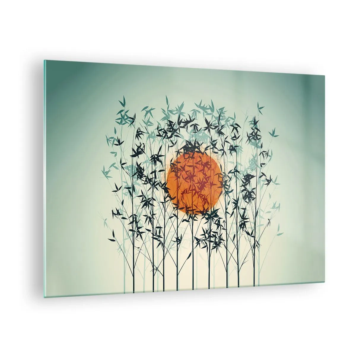 Glasbild - Bild auf glas - Rote Sonne zwischen zarten Bambusblättern - 70x50cm - Japanische Sonne - Moderne Wanddekoration für Wohnzimmer und Schlafzimmer ARTTOR