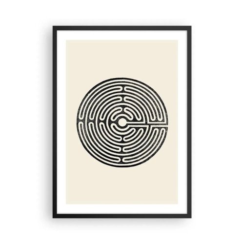 Poster in einem schwarzem Rahmen - Ein minimalistisches schwarz-weißes Labyrinth auf hellem Hintergrund. - 50x70cm - Geheimnisvolle Ordnung - Moderne Wanddekoration für Wohnzimmer und Schlafzimmer ARTTOR