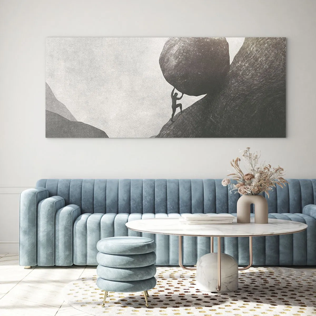 Glasbild - Bild auf glas - Ein Mann klettert einen riesigen Felsbrocken einen Hügel hinauf - 160x50cm - Ich glaube wider alle Hoffnung - Moderne Wanddekoration für Wohnzimmer und Schlafzimmer ARTTOR
