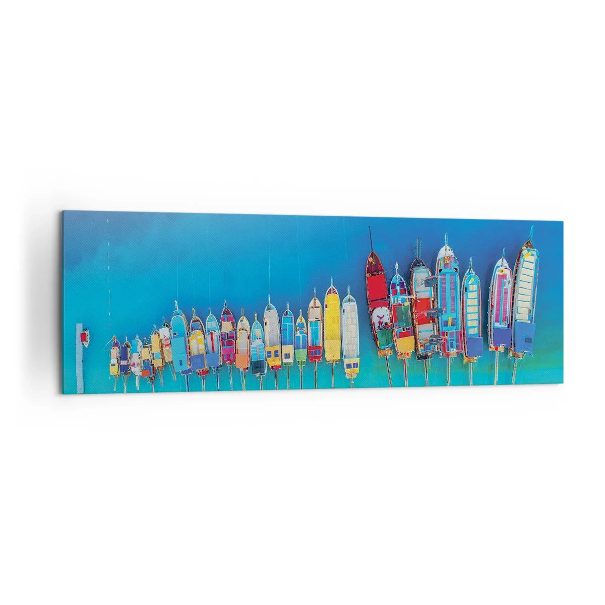 Bild auf Leinwand - Leinwandbild - Bunte Boote in einer Reihe am Ufer aufgereiht - 160x50cm - Aus der Vogelperspektive - Moderne Wanddekoration für Wohnzimmer und Schlafzimmer ARTTOR