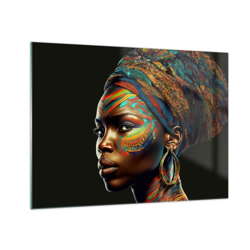 Glasbild - Bild auf glas - Porträt einer Frau mit farbenfroher Malerei und Turban - 70x50cm - Afrikanische Königin - Moderne Wanddekoration für Wohnzimmer und Schlafzimmer ARTTOR