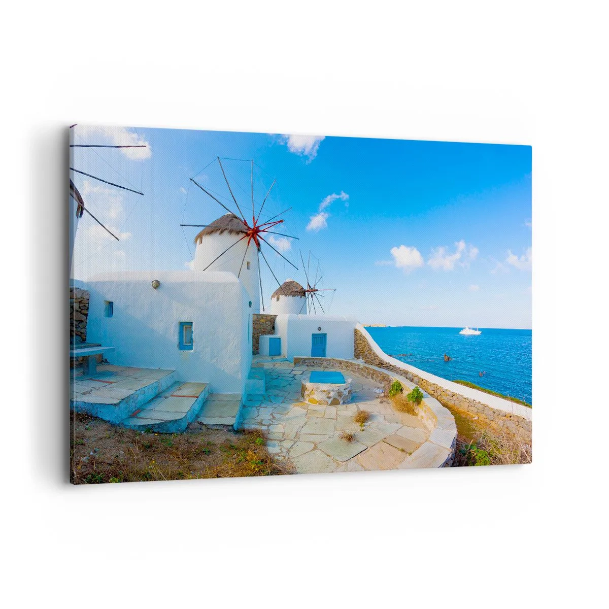 Bild auf Leinwand - Leinwandbild - Weiße Windmühlen an den Ufern des blauen Meeres - 120x80cm - Der blaue Wind vom Meer - Moderne Wanddekoration für Wohnzimmer und Schlafzimmer ARTTOR