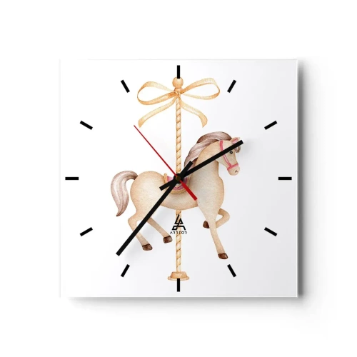 Wanduhr - Glasuhr - Ein Karussellpferd mit Schleife in zarten Pastelltönen - 30x30cm - Anmutiger Trab - Moderne Wanddekoration für Wohnzimmer und Schlafzimmer ARTTOR