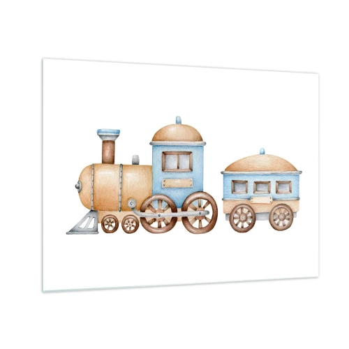 Glasbild - Bild auf glas - Illustration einer Dampflok in Blau- und Beigetönen auf weißem Hintergrund - 70x50cm - Am Bahnhof steht ... - Moderne Wanddekoration für Wohnzimmer und Schlafzimmer ARTTOR