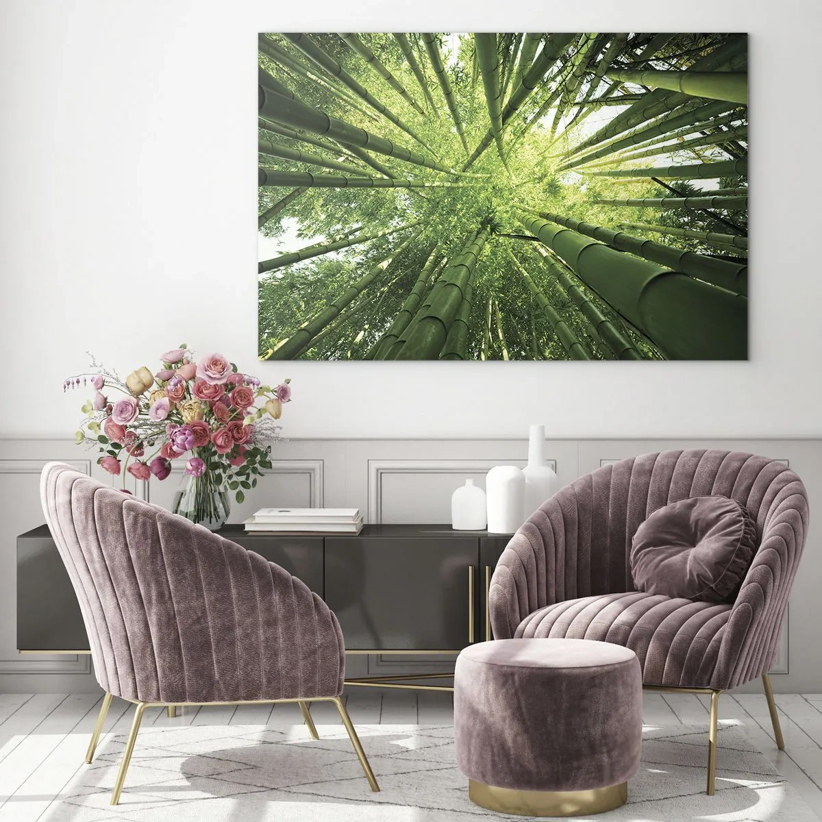 Glasbild - Bild auf glas - Perspektivische Ansicht des Bambuswaldes von oben - 70x50cm - In einem Bambushain - Moderne Wanddekoration für Wohnzimmer und Schlafzimmer ARTTOR