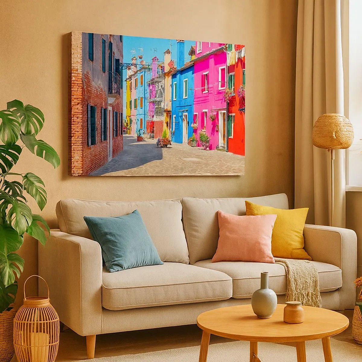 Bild auf Leinwand - Leinwandbild - Bunte Gebäude in einer engen Stadtstraße - 70x50cm - Städtchen "Zu Papageien" - Moderne Wanddekoration für Wohnzimmer und Schlafzimmer ARTTOR