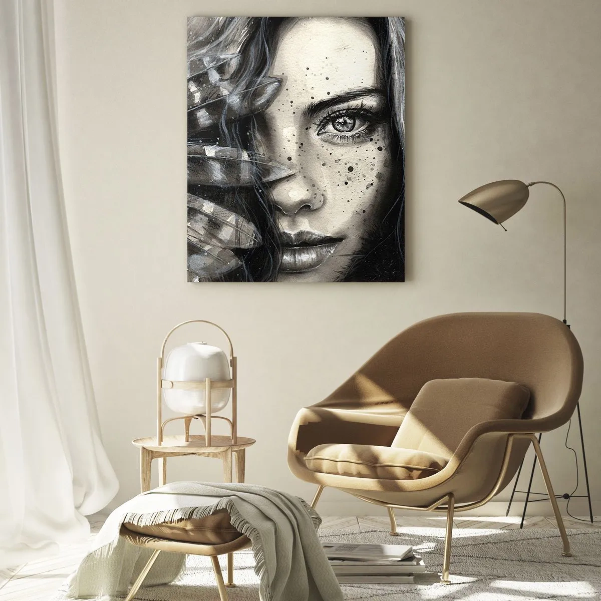 Glasbild - Bild auf glas - Porträt einer Frau mit Federn und abstrakten Details - 50x70cm - Wilde Schönheit - Moderne Wanddekoration für Wohnzimmer und Schlafzimmer ARTTOR