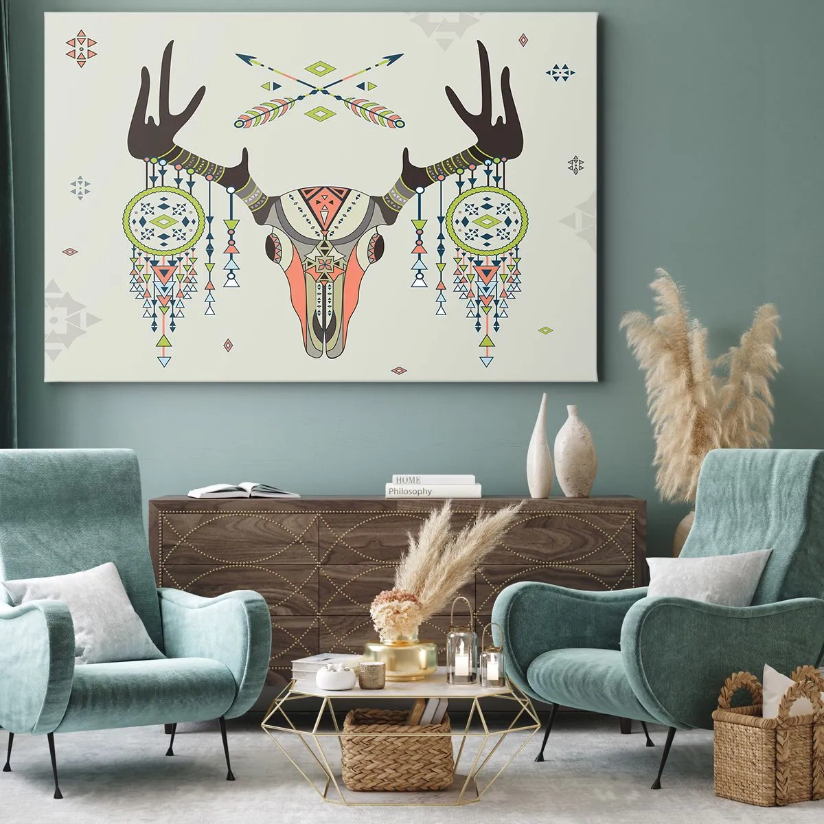 Bild auf Leinwand - Leinwandbild - Boho Deko mit Hirschschädel und Traumfänger - 70x50cm - Indische Jägertrophäe - Moderne Wanddekoration für Wohnzimmer und Schlafzimmer ARTTOR