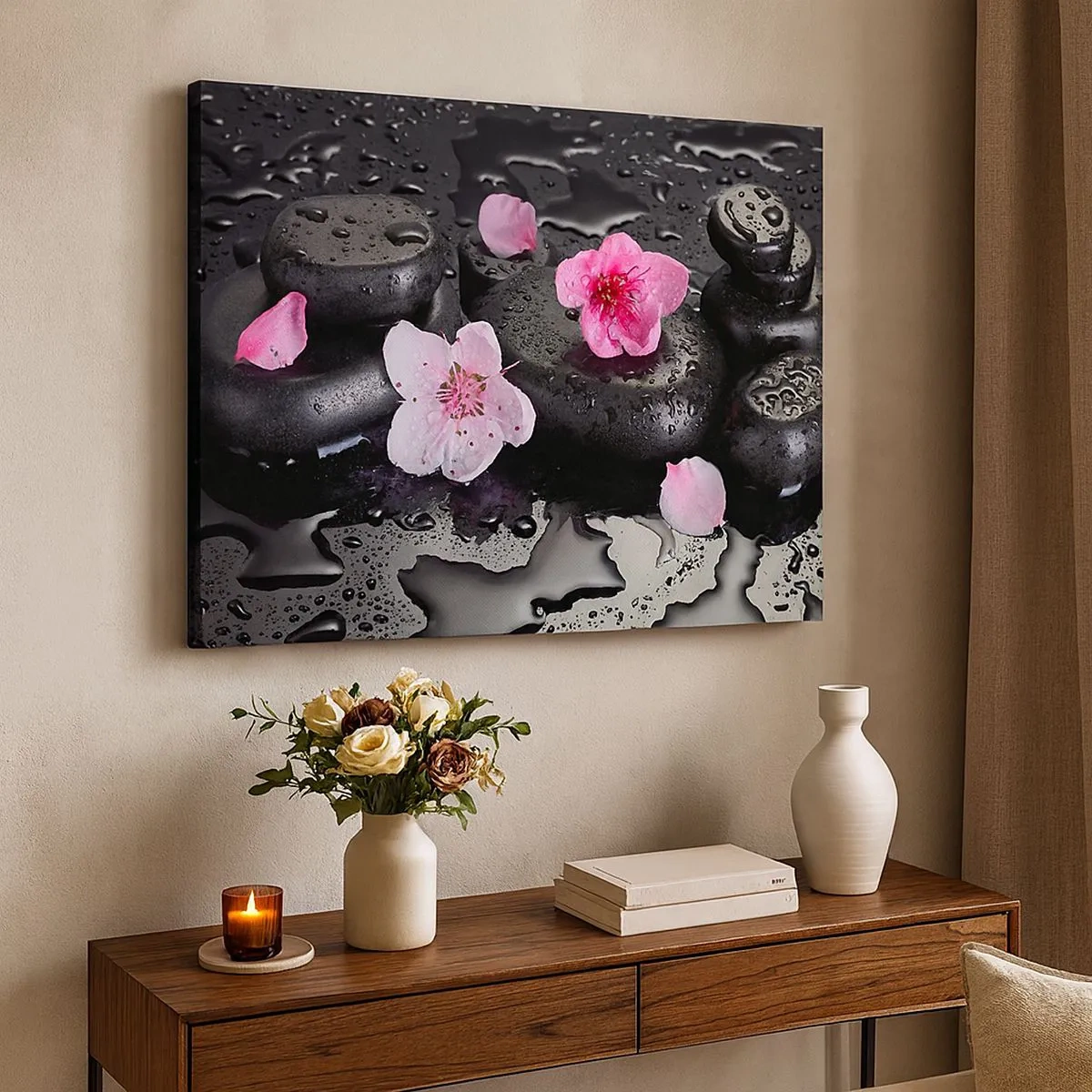 Bild auf Leinwand - Leinwandbild - Schwarze Steine und rosa Blumen im Spa-Stil - 70x50cm - Und der Stein fällt vom Herzen - Moderne Wanddekoration für Wohnzimmer und Schlafzimmer ARTTOR
