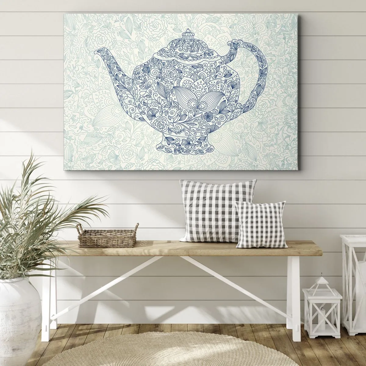 Bild auf Leinwand - Leinwandbild - Dekorative Zeichnung einer Teekanne mit blauen Ornamenten - 70x50cm - Tee-Charm - Moderne Wanddekoration für Wohnzimmer und Schlafzimmer ARTTOR