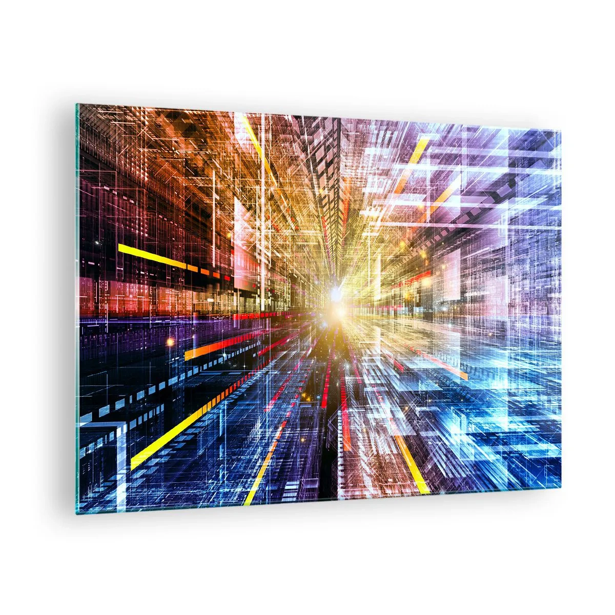 Glasbild - Bild auf glas - Abstrakte Vision mit farbigen Linien und Licht - 70x50cm - Leuchtender Korridor - Moderne Wanddekoration für Wohnzimmer und Schlafzimmer ARTTOR