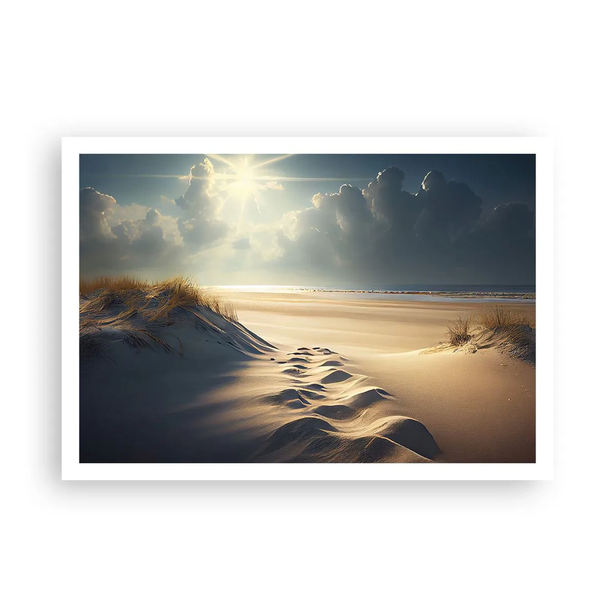 Poster - Goldene Dünen am Strand bei Sonnenuntergang mit Blick auf das Meer - 100x70cm - Beruhigende Landschaft - Moderne Wanddekoration für Wohnzimmer und Schlafzimmer ARTTOR