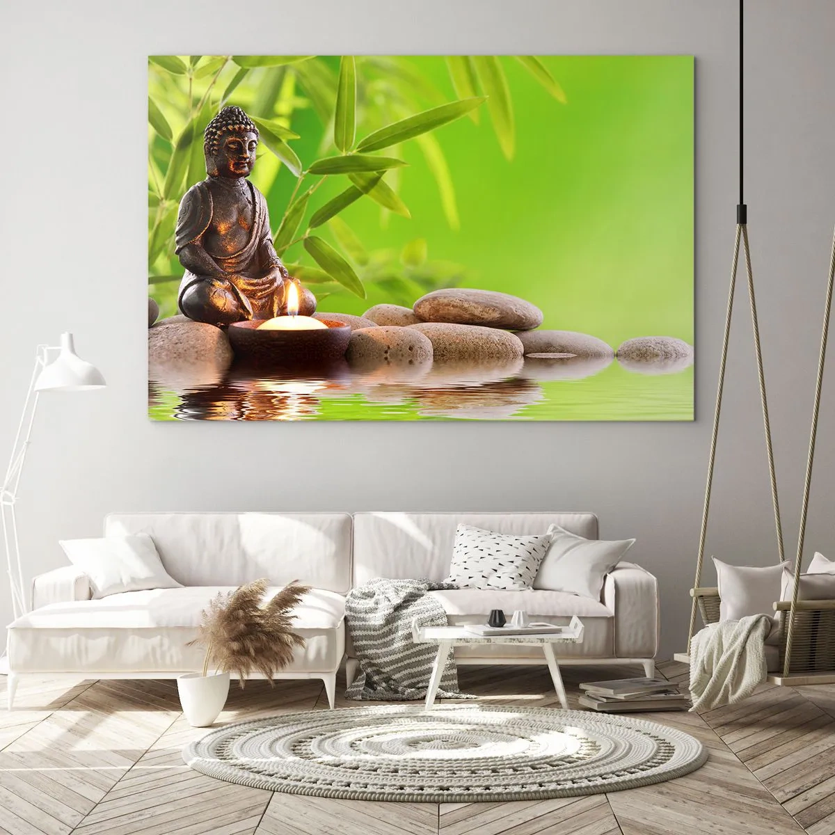 Glasbild - Bild auf glas - Eine Buddha-Figur mit einer brennenden Kerze in einer grünen Umgebung - 70x50cm - Das Leben ist wunderschoen - Moderne Wanddekoration für Wohnzimmer und Schlafzimmer ARTTOR