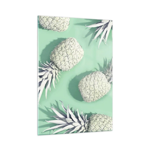 Glasbild - Bild auf glas - Weiße Ananas auf mintgrünem Hintergrund in einer künstlerischen Komposition - 50x70cm - Das passt gut zu Minze - Moderne Wanddekoration für Wohnzimmer und Schlafzimmer ARTTOR