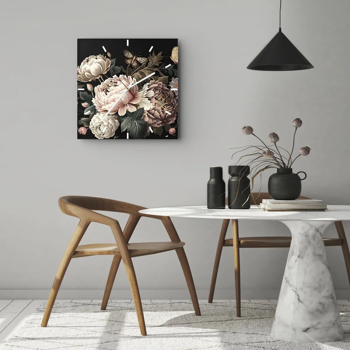Wanduhr - Glasuhr - Ein Strauß rosa Blumen und Schmetterlinge auf schwarzem Hintergrund - 30x30cm - Im Barockstil - Moderne Wanddekoration für Wohnzimmer und Schlafzimmer ARTTOR