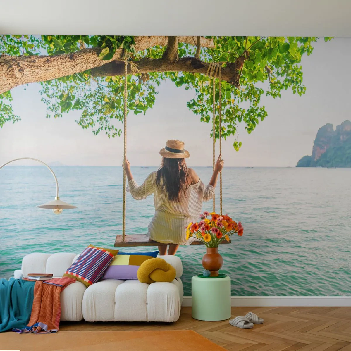 Fototapete Premium Sand - Eine Frau auf einer Schaukel über dem Meerwasser - 100x70cm - Das Leben ist wunderschön - Moderne Wanddekoration für Wohnzimmer und Schlafzimmer ARTTOR