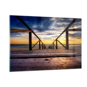 Glasbild - Bild auf glas - Pier, der bei Sonnenuntergang zum Strand führt - 120x80cm - Direkt zum ruhigen Strand bei Sonnenuntergang - Moderne Wanddekoration für Wohnzimmer und Schlafzimmer ARTTOR