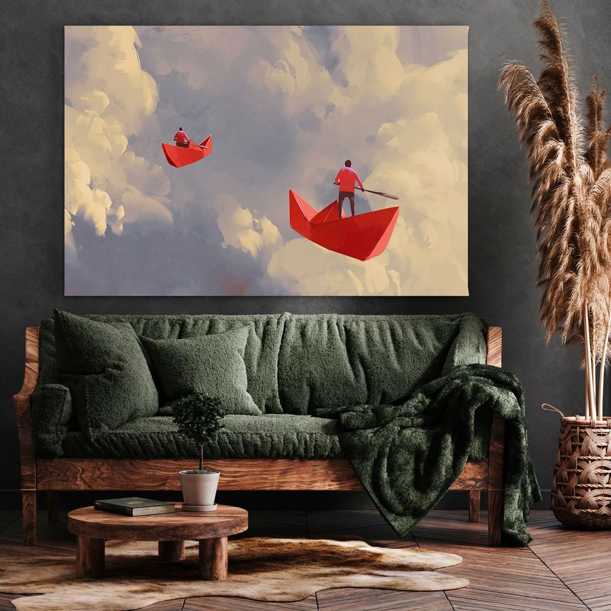 Bild auf Leinwand - Leinwandbild - Rote Papierboote schweben in den Wolken - 120x80cm - Expedition der Träumer - Moderne Wanddekoration für Wohnzimmer und Schlafzimmer ARTTOR