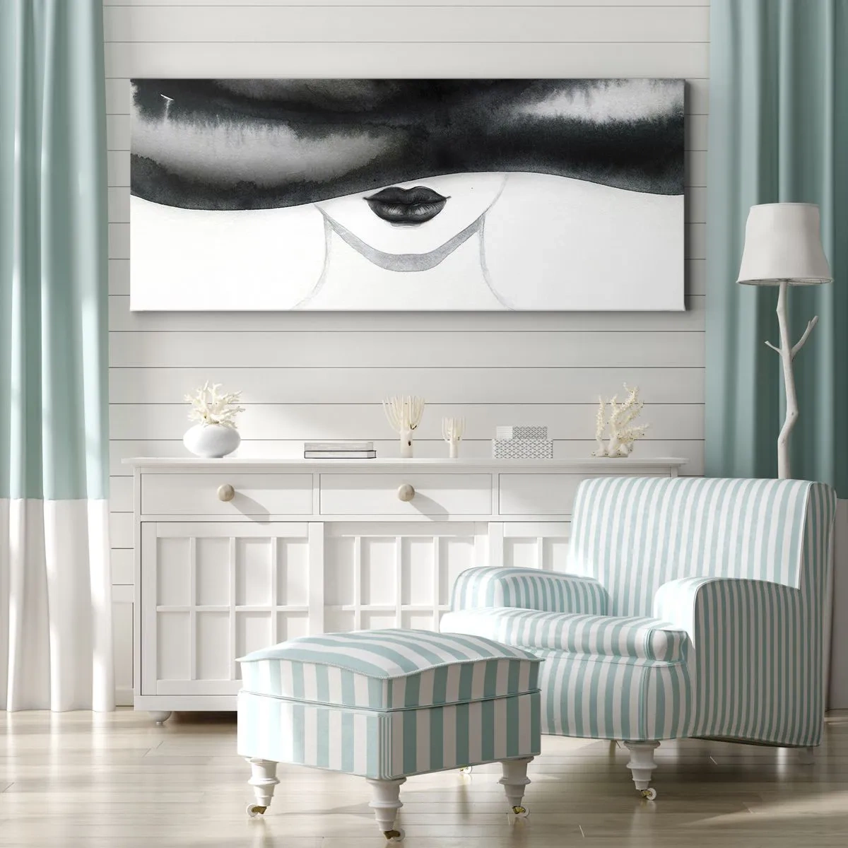 Bild auf Leinwand - Leinwandbild - Ein subtiles Porträt einer Frau, deren Gesicht in einem monochromen Stil bedeckt ist. - 140x50cm - Ein sinnliches Geheimnis - Moderne Wanddekoration für Wohnzimmer und Schlafzimmer ARTTOR
