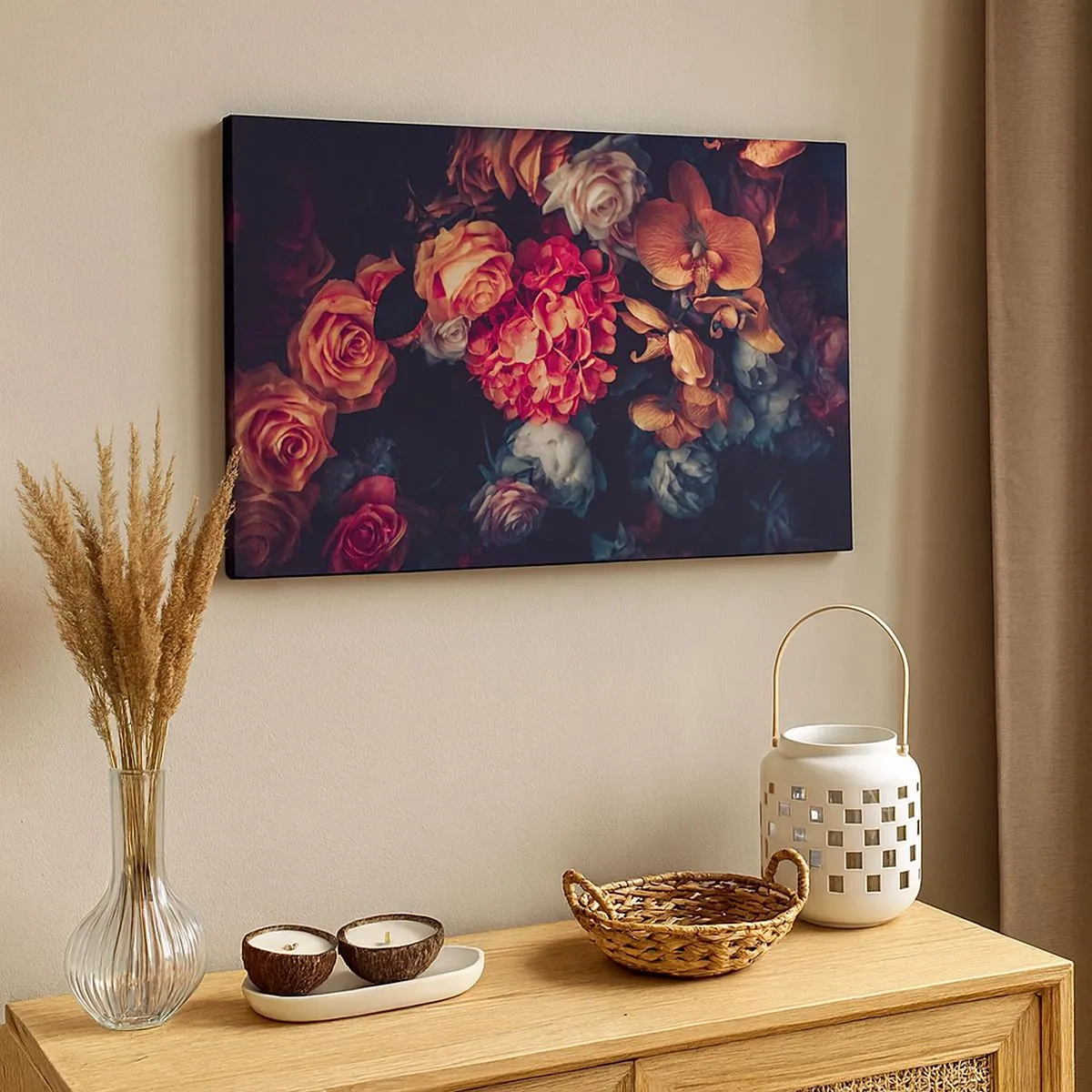 Bild auf Leinwand - Leinwandbild - Ein Strauß verschiedener Blumen in dunklen Tönen - 70x50cm - Wie bei den holländischen Meistern - Moderne Wanddekoration für Wohnzimmer und Schlafzimmer ARTTOR