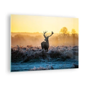 Glasbild - Bild auf glas - Hirsch an einem frostigen Morgen mit dem Sonnenaufgang im Hintergrund - 70x50cm - Gekrönt auf seinem Besitz - Moderne Wanddekoration für Wohnzimmer und Schlafzimmer ARTTOR