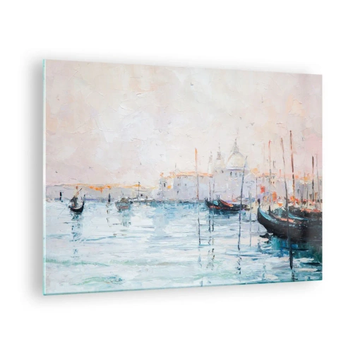 Glasbild - Bild auf glas - Impressionistische Landschaft mit Booten und Gebäuden - 70x50cm - Hinter dem Wasser, hinter dem Nebel - Moderne Wanddekoration für Wohnzimmer und Schlafzimmer ARTTOR
