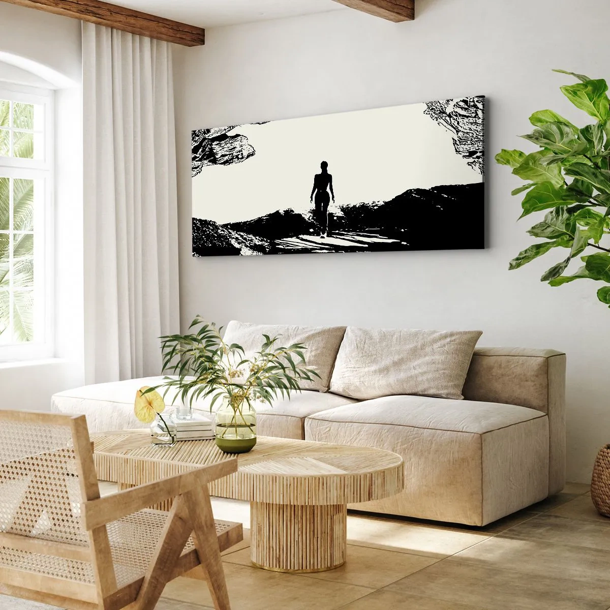 Bild auf Leinwand - Leinwandbild - Schwarz-weiße Silhouette einer Frau in einer Höhle gegen den Himmel - 120x50cm - Neuer Blick - Moderne Wanddekoration für Wohnzimmer und Schlafzimmer ARTTOR