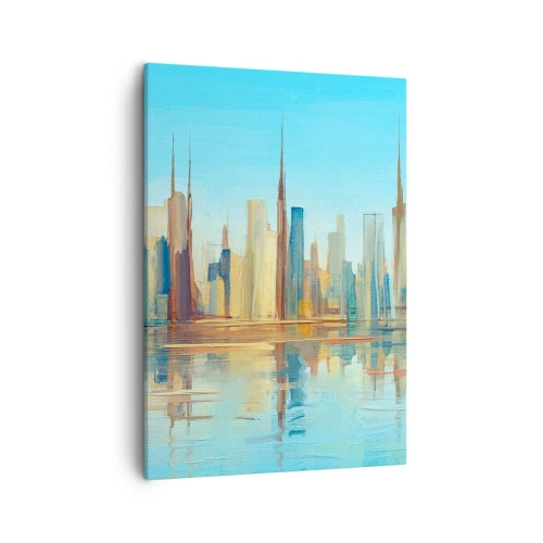 Bild auf Leinwand - Leinwandbild - Ein Panorama der Stadt in warmen Farben mit Spiegelung im Wasser - 50x70cm - Sonnige Metropole - Moderne Wanddekoration für Wohnzimmer und Schlafzimmer ARTTOR