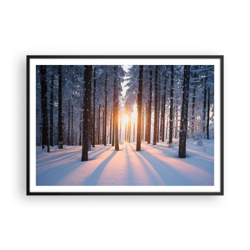 Poster in einem schwarzem Rahmen - Winterwald, beleuchtet von den Sonnenstrahlen - 100x70cm - Ganz klar schwarz auf weiß - Moderne Wanddekoration für Wohnzimmer und Schlafzimmer ARTTOR